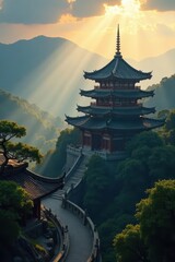 Sunbeams illuminate ornate pagoda roof, high-angle shot, culture, sunlight, daytime