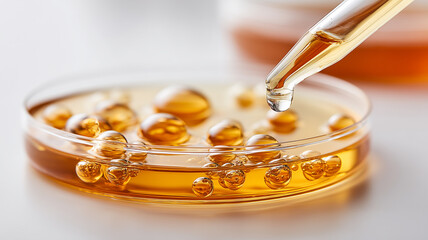 Laboratory pipette dispensing into a petri dish, illustrating formulation testing precision and product development in biotechnology pharmaceuticals and cosmetic research.
