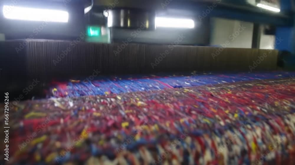 Poster automated loom weaving colorful threads into fabric in a brightly lit textile factory with advanced 