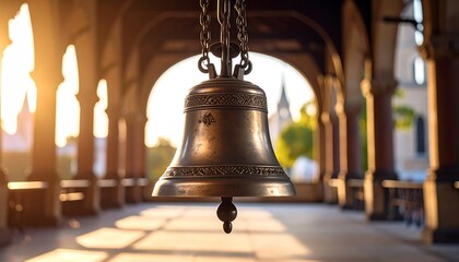 Obraz premium Church bell with sunrise, archway, and bronze.