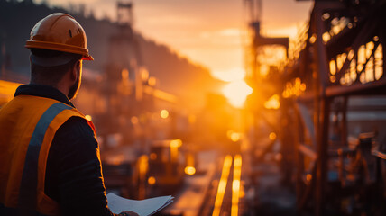 Construction supervisor surveying an active site at day end, illustrating safety leadership and real time project oversight that turns plans into measurable progress
