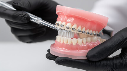 Orthodontic brushing demonstration on a dental model with braces, communicating patient education for clean appliances and healthy teeth
