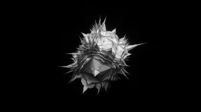 3D render video animation with surreal alien fractal cubical organic organisms based on cubical shapes and patterns with sharp spikes in white plastic material with metal wire on a black background
