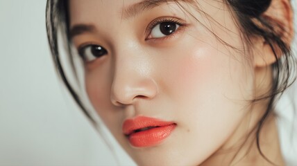 凛とした眼差しとナチュラルな血色感が映えるアジア人女性の横顔。コスメやライフスタイル記事に活用できる素材。