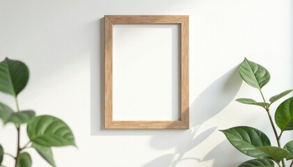 Aged oak picture frame on white wall Vertical orientation, subtle shadow , rustic, gallery