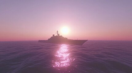 Fototapeta premium Silhouetted warship at sunset over calm ocean
