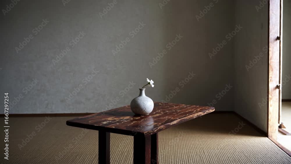 Poster minimalist video concept with a side-angle view of a rustic table and vase in a serene, softly lit r