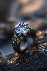 fantasy design sterling silver ring with round cut lab grown diamond with nature inspired elements, independent jewelry design. 