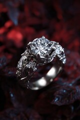 fantasy design platinum ring with round cut lab grown diamond with nature inspired elements, independent jewelry design on a dark red background. 