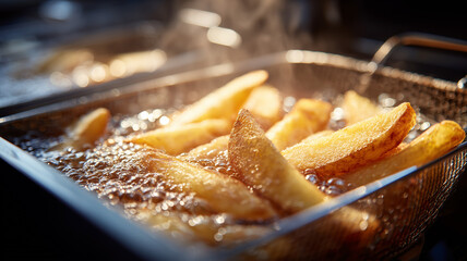 Sizzling potato wedges in a deep fryer basket, depicting fast food production, culinary technique, and the comfort driven appeal of indulgent snacks.