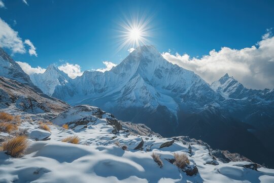 Alpine snowy valley with mountains