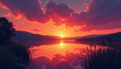 Peaceful sunset paints calm lake, reeds silhouetted against fiery sky , clouds, background