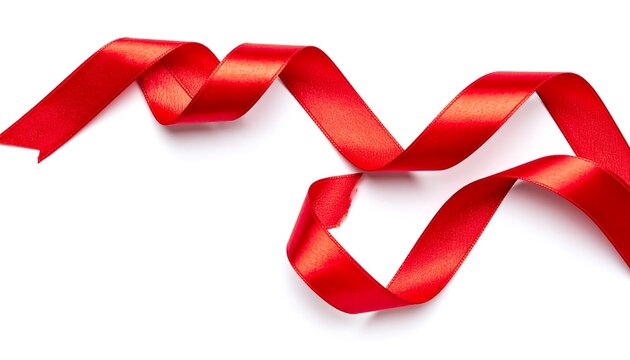 Elegant Red Ribbon Curled and Draped on a White Background.