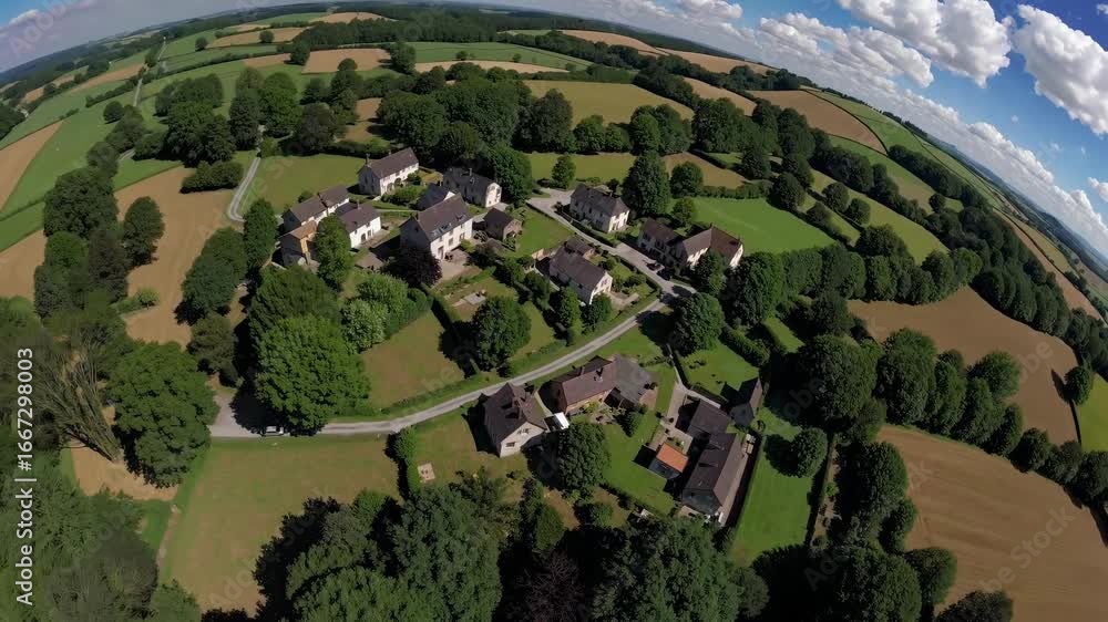 Poster aerial view of a quaint village surrounded by lush fields and trees, captured with a fisheye lens fo