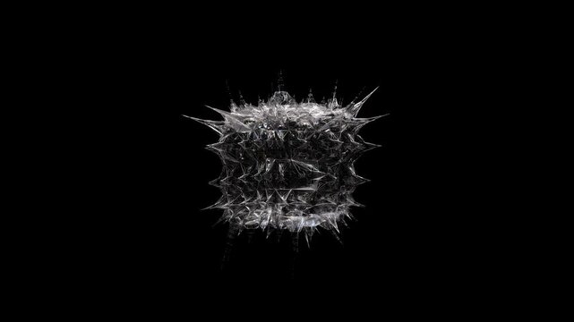 3D render video animation with surreal alien fractal cubical organic organism based on pyramid shapes patterns with sharp spikes in translucent glass diamond material on a black background