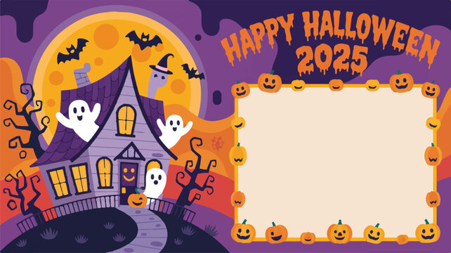 Spooky Halloween 2025 greeting card with haunted house, ghosts, pumpkins, bats, and moon, perfect for festive celebrations and designs