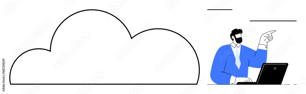 Poster man in a suit working on a laptop gesturing towards a large cloud shape, representing cloud computin