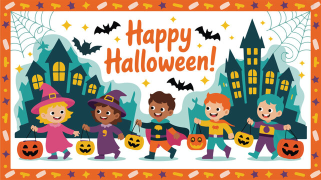 Happy children in Halloween costumes trick-or-treating, spooky houses in background, perfect for holiday greetings and festive projects!