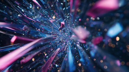 Abstract digital background with vibrant colors and dynamic shapes. The scene features a burst of light and geometric fragments in shades of blue and pink.