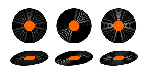 Set of vinyl records. Turntable long play music plates isolated on white background. DJ discs for techno party. 70s 80s 90s night club discotheque nostalgia concept. Vector flat illustration.