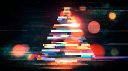 A digital abstract representation of a Christmas tree with vibrant colors and blurred lights. The design features geometric shapes and a festive atmosphere. glitch effect 