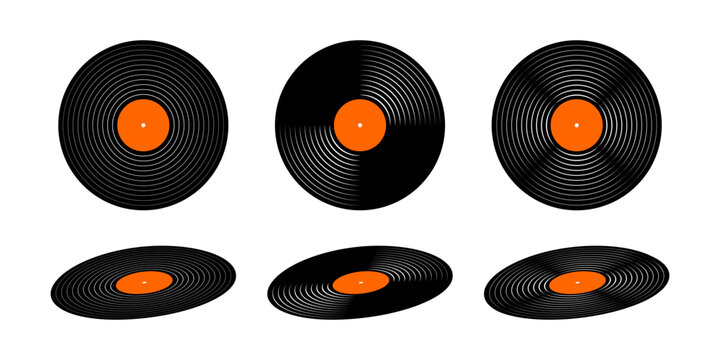 Set of vinyl records. Turntable long play music plates isolated on white background. DJ discs for techno party. 70s 80s 90s night club discotheque nostalgia concept. Vector flat illustration.