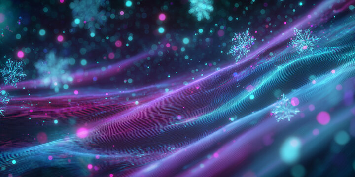 Colorful abstract background with flowing waves and snowflakes. The scene features vibrant shades of blue, purple, and pink, creating a festive atmosphere. - Powered by Adobe