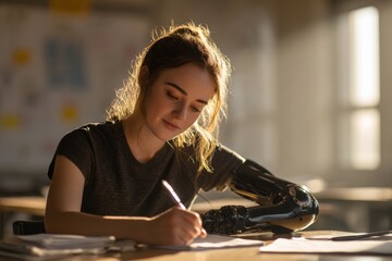 diverse inclusive education concept. Teen student girl with prosthetic arm confidently writing notes in class, warm natural light on her desk Back to school. Inclusivity in studying.