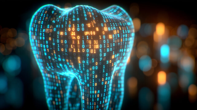 Digital tooth formed by binary code, representing dental technology security and data driven healthcare.