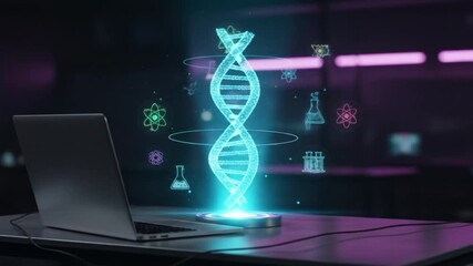 Laptop displaying a glowing dna strand with science icons floating around on a dark surface view - Powered by Adobe