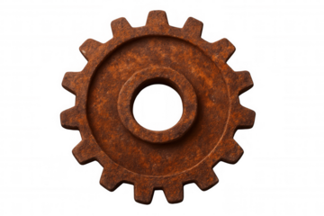 Close-up of a rusty metal gear wheel, isolated on a transparent background, ideal for industrial or steampunk-themed projects