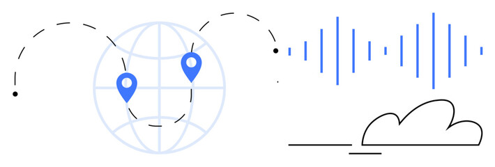 Fototapeta premium Globe with pinpoint markers, sound waves, and cloud illustration visualize worldwide communication, data transfer, and technology. Ideal for innovation, networking, digital solutions, and teamwork