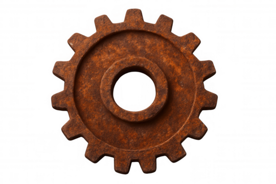 Close-up of a rusty metal gear wheel, isolated on a transparent background, ideal for industrial or steampunk-themed projects