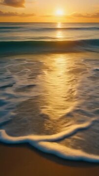 Vertical 9:16 cinematic video of gentle ocean waves rolling onto a sandy shore at sunrise, golden light reflecting on water, soft camera pan across horizon, ultra realistic textures