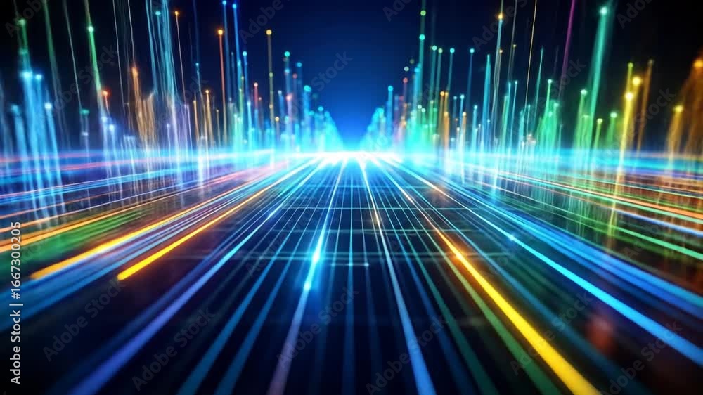 Poster abstract digital background with vibrant lines glowing effect and data stream in blue backdrop moder