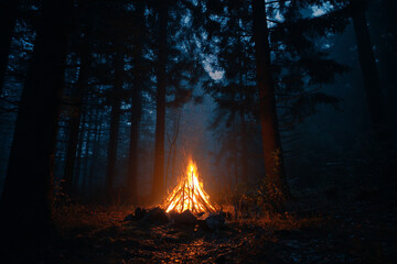 A flickering campfire glows intensely in a dense, dark forest, casting long, dancing shadows, hinting at an isolated and mysterious night.