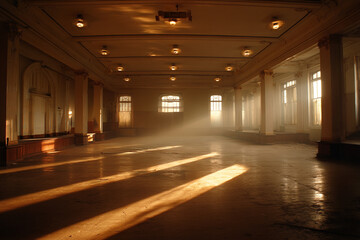Naklejka premium A grand, empty ballroom, dust motes dancing in sunbeams, conveying a sense of faded glory, nostalgia, and forgotten memories.