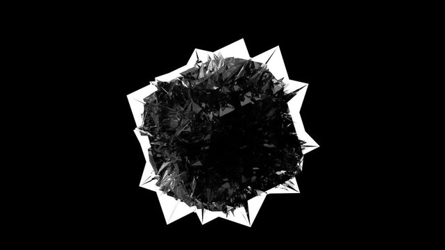 3d render of monochrome black and white abstract art video animation with surreal diamond broken glass fractal cubical object with sharp needles  around in deformation transformation process 