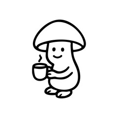 Black line drawing of a mushroom character holding a cup of coffee