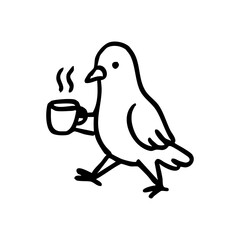 Simple black line drawing of a bird holding a steaming cup of coffee