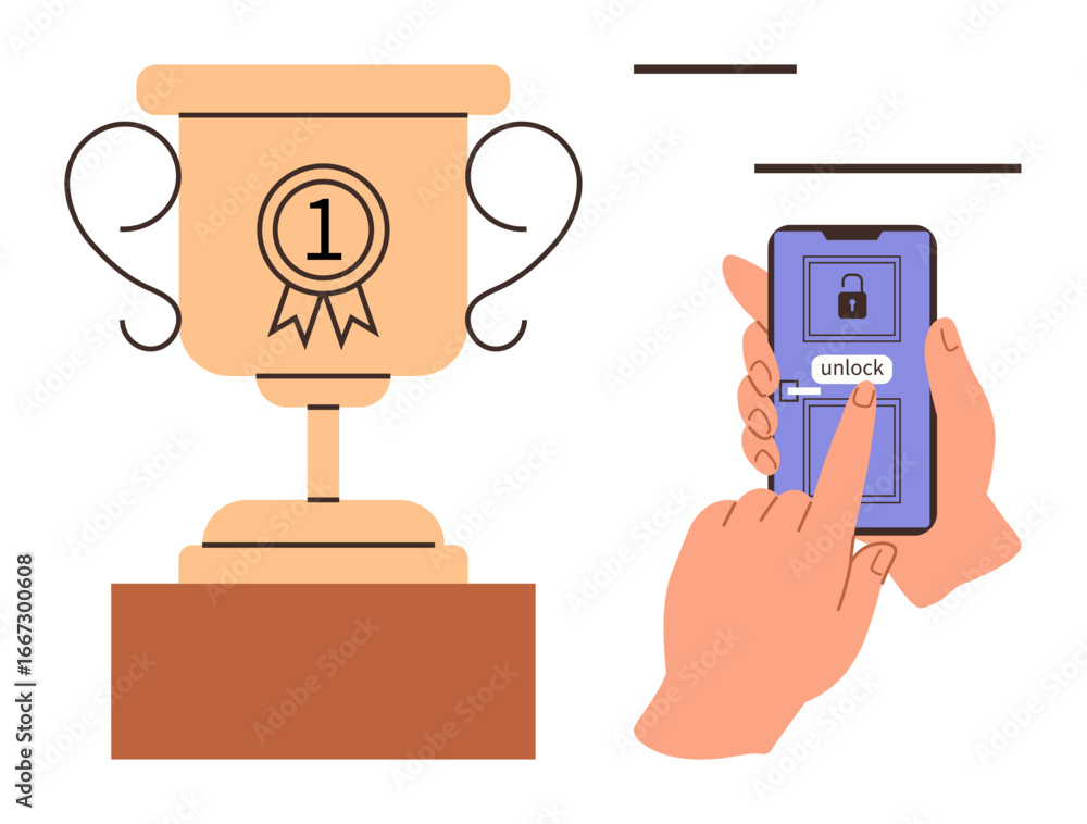 Poster large trophy with number one badge next to hands unlocking smartphone via fingerprint identification