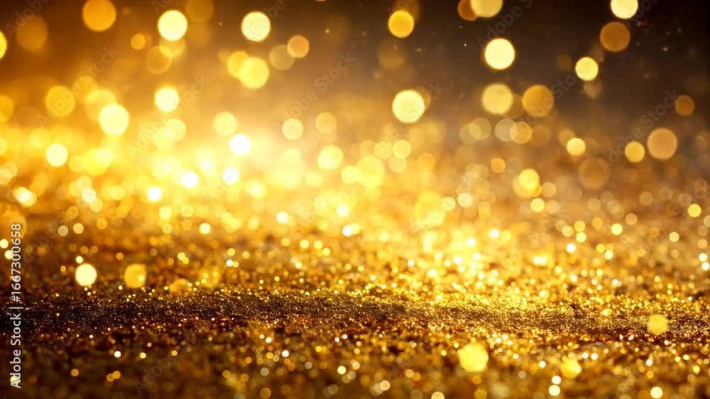 Poster abstract golden glitter background with bokeh lights luxury and festive design element with shimmeri