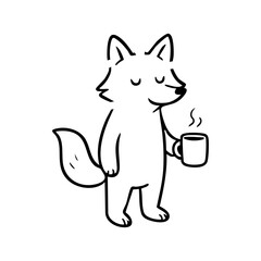Simple black line drawing of a fox holding a coffee mug