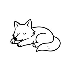 Black line drawing of a sleeping cartoon fox