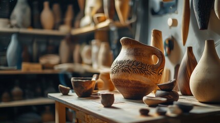 Rustic pottery and ceramic vases traditional craft lifestyle cultural artistic design composition inspiration