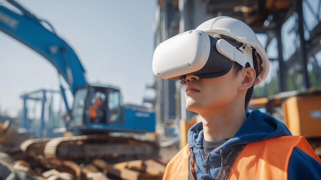 A worker using a virtual reality headset over a hard hat at a construction site, demonstrating augmented reality for planning, safety training, and digital project supervision.
