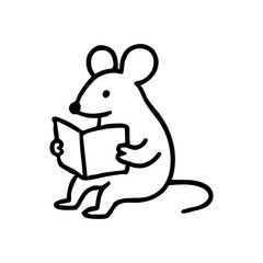 Simple black line drawing of a mouse reading a book