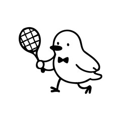Simple black line drawing of a bird holding a tennis racket