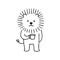 Simple black line drawing of a cartoon lion holding a cup