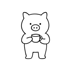 Black line drawing of a pig holding a mug